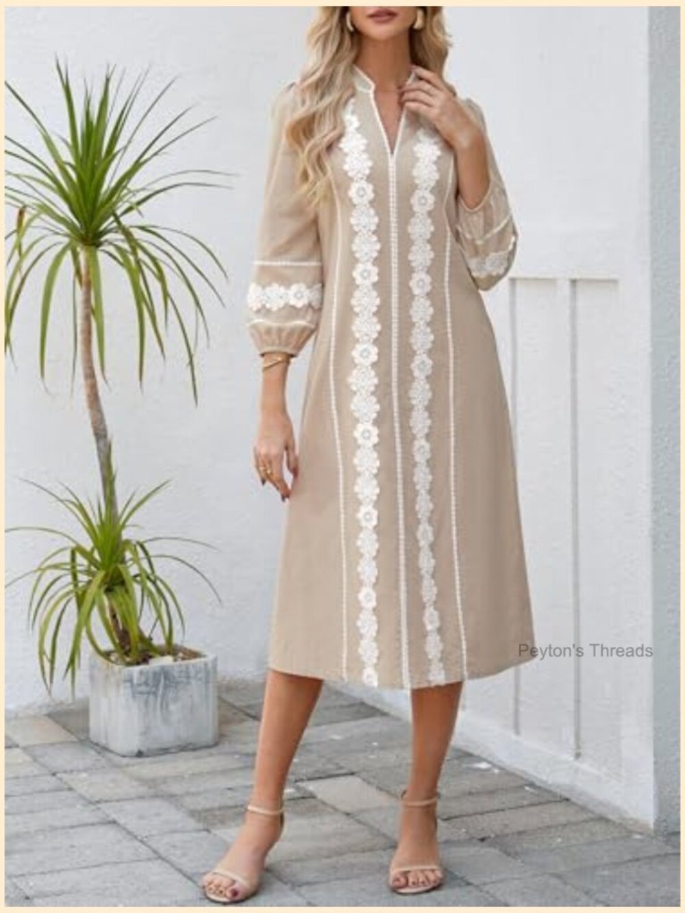 Embroidered Lace Floral Tunic Dress 3/4 Puff Sleeve V Neck Midi - Picture 5 of 6